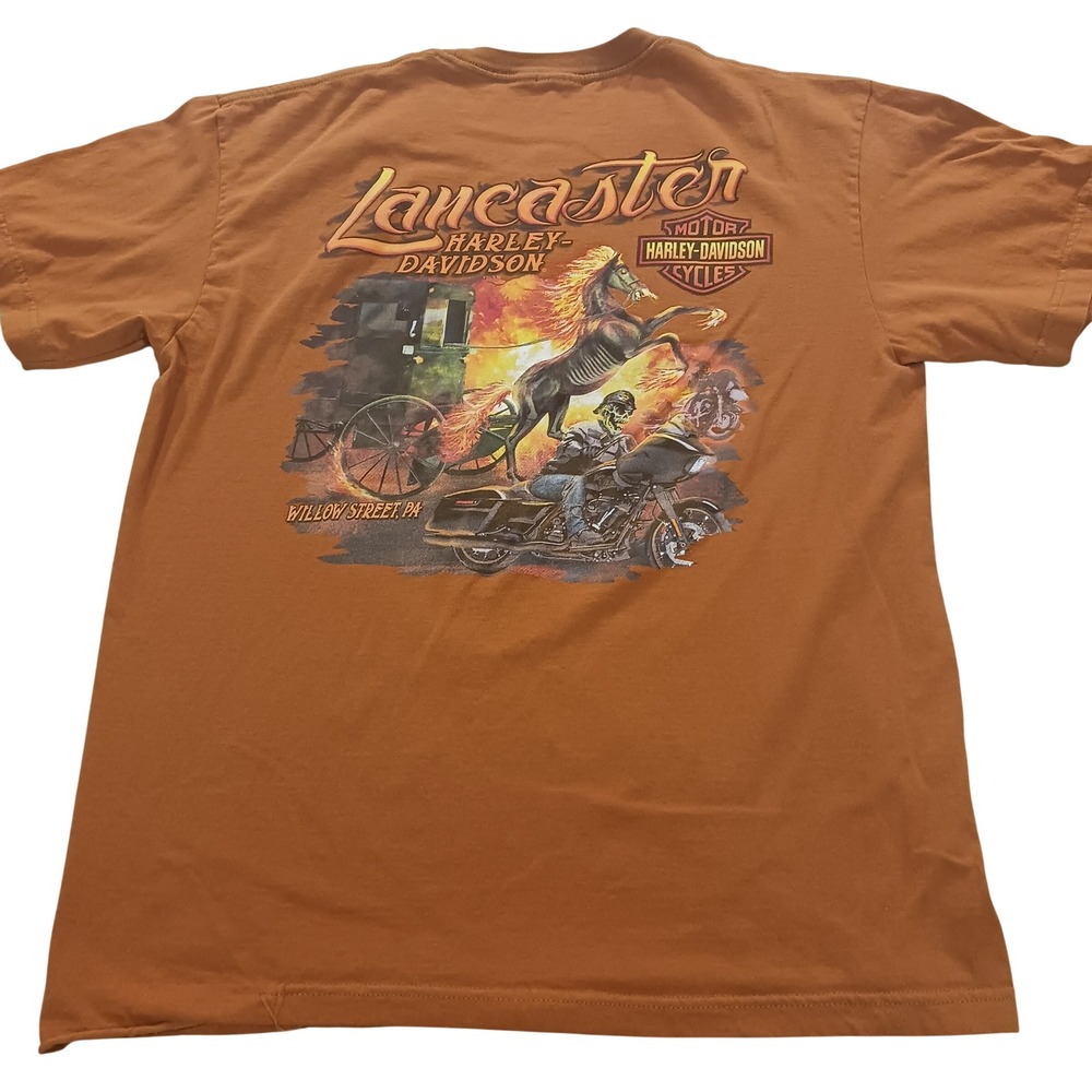 Harley-Davidson TShirt Lancaster PA Skeleton Rider Orange XL Mens Motorcycle Tee